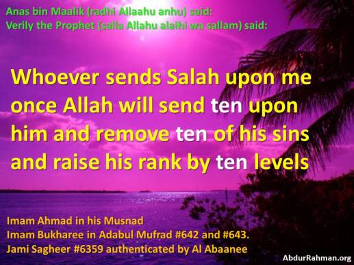 Allaah bless him 10 times, 10 sins forgiven, raise rank by 10 levels